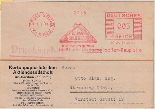 DR - Gross-Särchen 1937 3 Pfg. AFS "KAPAG Isolierbau" Drucksachenkarte