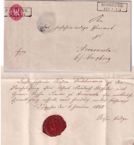 Preussen - 1 Sgr. Adler Brief Ra2 Dobrilugk 9/1 n. Arensnesta b. Herzberg 1865