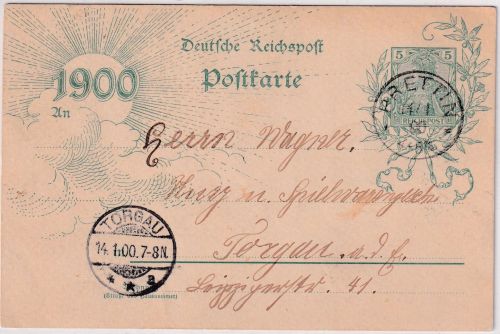 DR - Prettin 14.1.00 K1 5 Pfg. Jahrhundert-Ganzsache n. Torgau