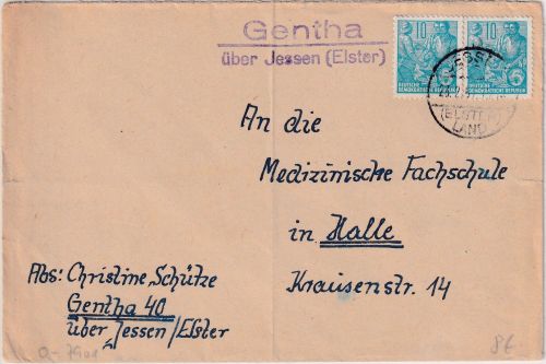 DDR - Gentha ü. Jessen (Elster) Landpost-L2 Brief n. Halle 1957