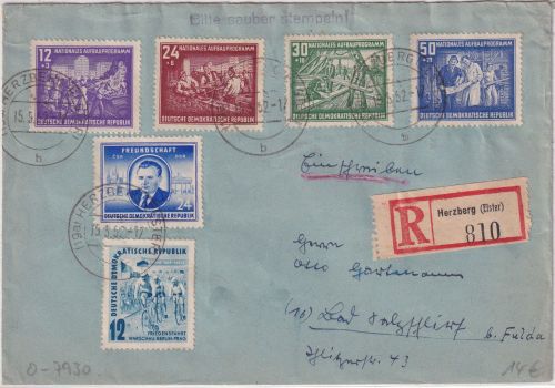 DDR - Nat. Aufbauprogramm Satz u.a. Einschreibebrief Herzberg (Elster) 1952