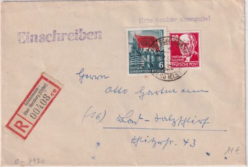 DDR - 80 Pfg. Thälmann rot u.a. Einschreibebrief Schönewalde ü. Herzberg 1953