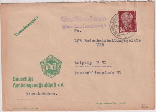 DDR - Großkoschen ü. Senftenberg Landpost-L2 Brief n. Leipzig 1952