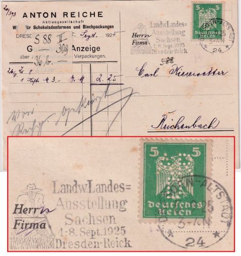 DR - 5 Pfg. Adler Perfin "ARD" Firmenkarte Dresden - Reichenbach 1925 Stempel !