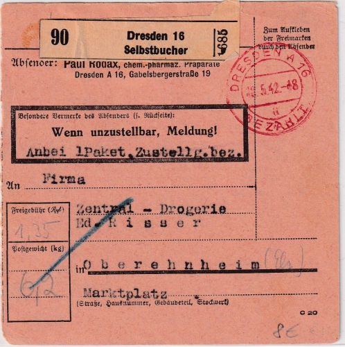 DR - Dresden 16 Bezahlt Paketkarte/Selbstbucher n. Oberehnheim (Els) 1942