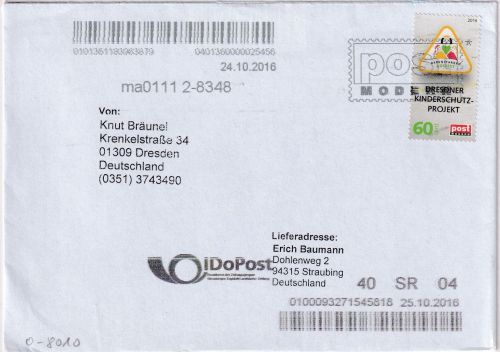 BRD - Dresden Privatpost "Post modern" 60 C. Kinderschutzprojekt Brief 2016