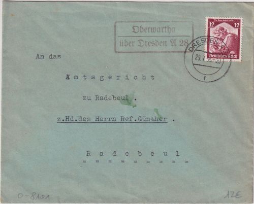 DR - Oberwartha ü. Dresden A28 Landpost-Ra2 Brief n. Radebeul 1935