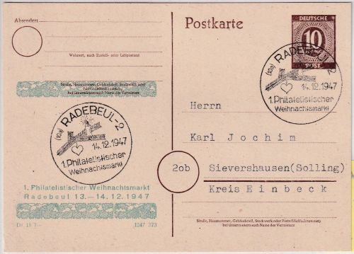 All.Bes. - 10 Pfg Ziffer Ganzsache priv. Zudr. Weihnachtsmarkt SST Radebeul 1947