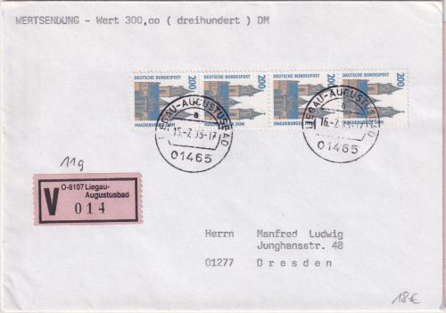 BRD - 4x200 Pfg. SWK Wertbrief (Label !) Liegau-Augustusbad - Dresden 16.7.93