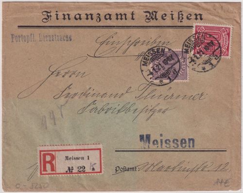 DR-Infla - 40+50 Pfg. Ziffer Dienst-Ortseinschreibebrief Meissen 4.1.21