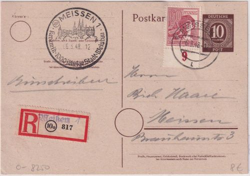 All.Bes. - 10 Pfg. Ziffer Ganzsache+Zusatz Orts-Einschreibekarte Meissen 6.3.48
