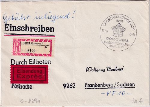 DDR - Crostwitz Domowina Wiedergeburt SST Eil-Einschreibe-Postsache 1985