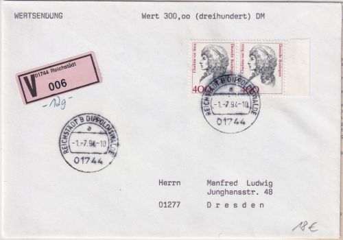 BRD - 400 Pfg. Frauen waagr. Paar Wertbrief (Label !) Reichstädt - Dresden 1994