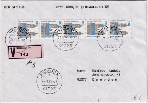 BRD - 5x200 Pfg. SWK Wertbrief (Label !) Mohorn - Dresden 23.1.95