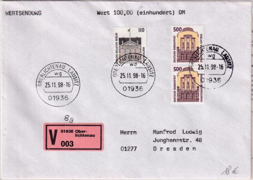 BRD - 5x500+110 Pfg. SWK Wertbrief (Label !) Oberlichtenau - Dresden 25.11.98