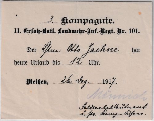 DR - Meißen 1917 II. Ers.Btl. Landwehr-I.R. Nr. 101 Urlaubsschein