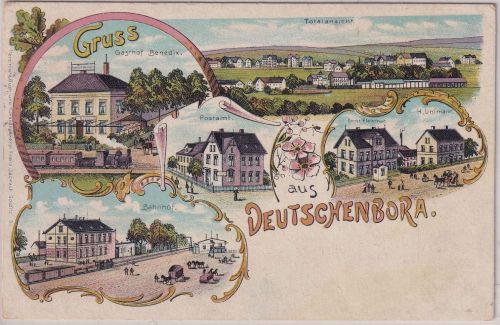 Sachsen - Deutschenbora Bahnhof Postamt etc. farb. Mehrbild-Litho ca. 1900