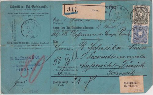 DR - 50+20+10 Pfg. Paketkarte i.d. SCHWEIZ Pirna - Außersihl-Zürich 1889