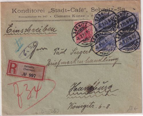 DR - 20 Pfg. Germania 4er-Block u.a. Einschreibebrief Sebnitz - Hamburg 1920