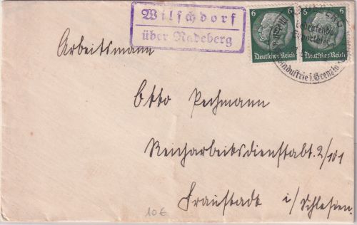 DR - Wilschdorf ü. Radeberg Landpost-Ra2 Brief n. Fraustadt 1938