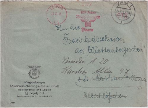 All.Bes. - Leipzig 20.10.45 aptierter 24 Pfg. AFS Brief n. Rathen Weiterleitung