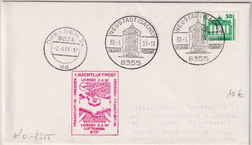 DDR/VGO - Neustadt (Sachs.) 100 J. Postamt SST Zuleitung Nachtluftpost 1991