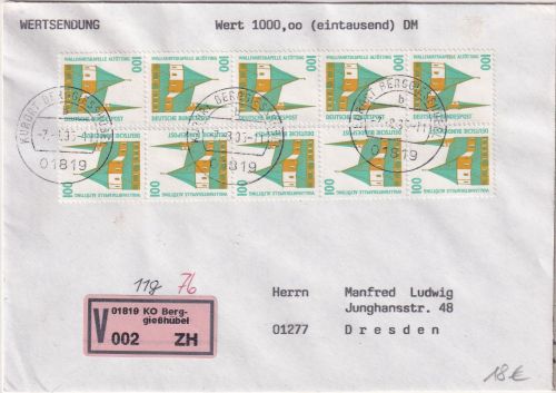 BRD - 10x100 Pfg. SWK Wertbrief (Label !) KO Berggieshübel - Dresden 7.8.95