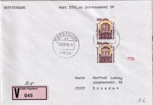 BRD - 2x500 Pfg. SWK Wertbrief (Label !) Papstdorf - Dresden 28.3.96