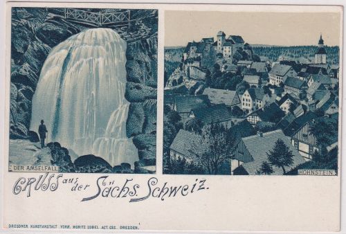 Sachsen - Hohnstein Ortsansicht Amselfall sw-Mehrbildlitho ungelaufen ca. 1900