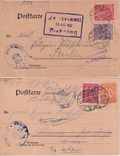 DR-Infla - Riesa 1921/22 2 Dienstpostkarten - 1x Weiterleitung