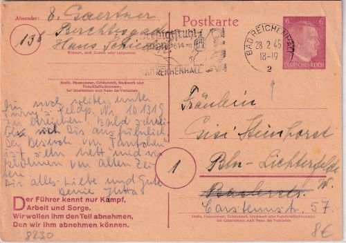 DR - Bad Reichenhall 28.2.45 Masch.werbestpl. "Predigtstuhl" Ganzsache n. Berlin