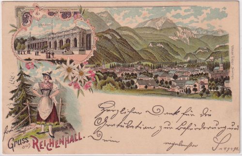Bayern - Reichenhall Colonaden Ortsansicht etc farb. Mehrbildlitho gelaufen 1897