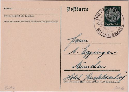 DR - Obersalzberg ü. Berchtesgaden Poststelle I Handwerbestempel Ganzsache 1937