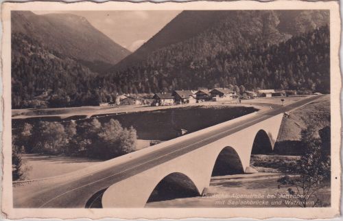 Bayern - Jettenberg Ortsansicht mit Saalach-Brücke sw-Foto-AKgelaufen 1938