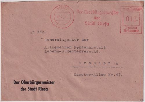 SBZ - Riesa 17.7.45 12 Pfg. AFS "Oberbürgermeister" Brief n. Dresden