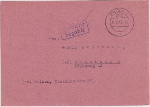 SBZ - (10) Riesa 31.10.45 Gebühr bezahlt Ra2 Karte n. Magdeburg - Text !!