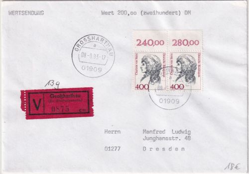 BRD - 400 Pfg. Frauen waagr. Paar/Oberrand Wertbrief Großharthau 8.9.93