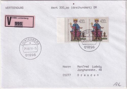BRD - 2x400 Pfg. Kaiser Friedrich II. Wertbrief (Label !) Lichtenberg 26.08.94