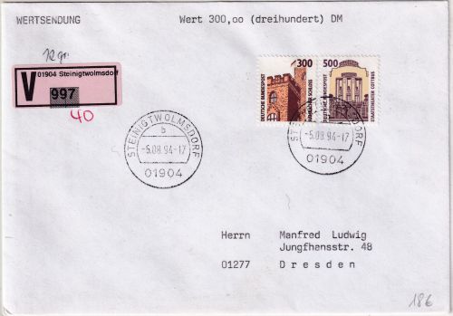 BRD - 300+500 Pfg. SWK Wertbrief (Label !) Steinigtwolmsdorf - Dresden 5.8.94