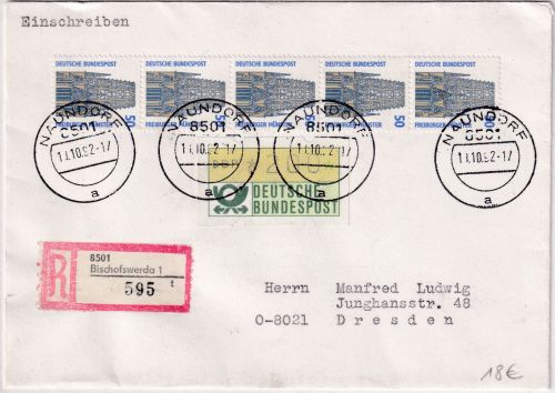 BRD - 5x50 Pfg. SWK + 200 Pfg. ATM Einschreibebrief Naundorf/Bischofwerda 1992