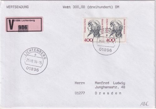 BRD - 400 Pfg. Frauen waagr. Paar Wertbrief Lichtenberg - Dresden 25.08.94