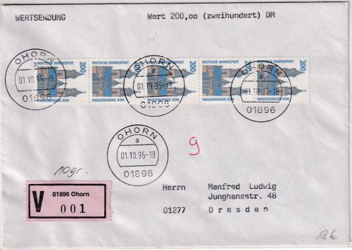 BRD - 200 Pfg. SWK 5er-Streifen Wertbrief Ohorn - Dresden 1.10.96