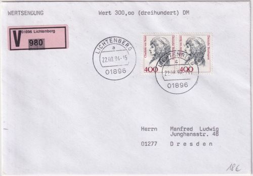 BRD - 400 Pfg. Frauen waagr. Paar Wertbrief Lichtenberg - Dresden 22.08.94