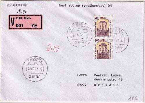 BRD - 2x500 Pfg. SWK Wertbrief (Label !) Pulsnitz/Ohorn - Dresden 19.6.97