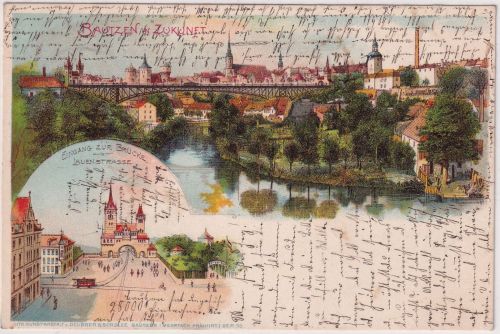 Sachsen - Bautzne in Zukunft Eing. z. Brücke farb. Mehrbild-AK gelaufen 1902