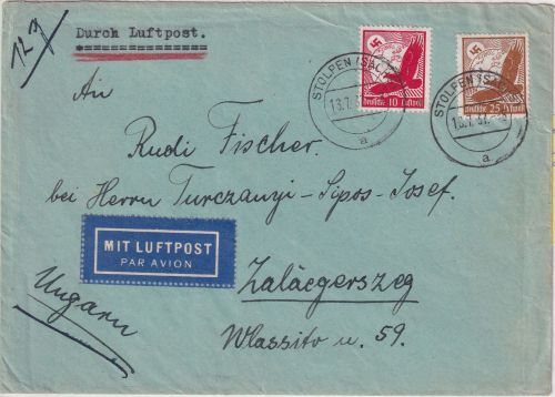 DR - 10+25 Pfg. Adler/Weltkugel Luftpostbrief n. UNGARN Stolpen (Sachs.) 1937