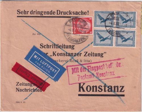 DR - 20 Pfg. Adler/Sockel 4er-Block u.a. Luftpost-Eil-Drucksache Freiburg 1933