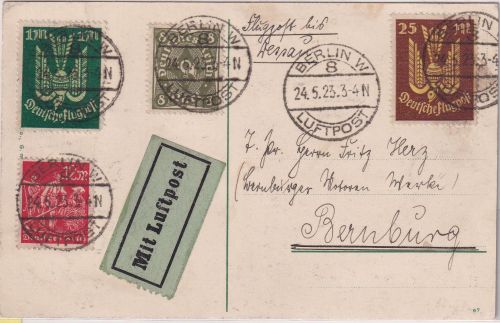 DR-Infla - 8 M. Posthorn u.a. Luftpostkarte Berlin W8 - Bernburg 24.5.23