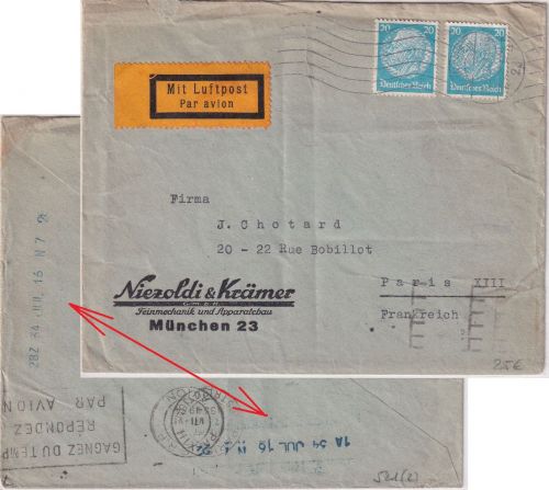 DR - 2x20 Pfg. Hindenburg Luftpostbrief n. FRANKREICH München - Paris 16.7.34