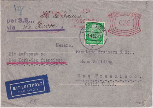 DR - 5 Pfg. Hindenburg+35 Pfg. AFS Schiffs-/Luftpostbrief n. USA Düsseldorf 1935
